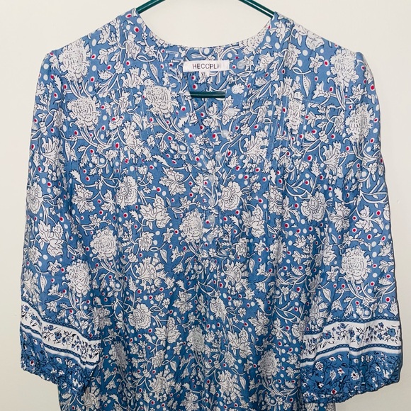 Heccpli Women’s 3/4 Sleeve Blue Floral Boho Maxi Dress Buttons and Tie Waist - Picture 7 of 14